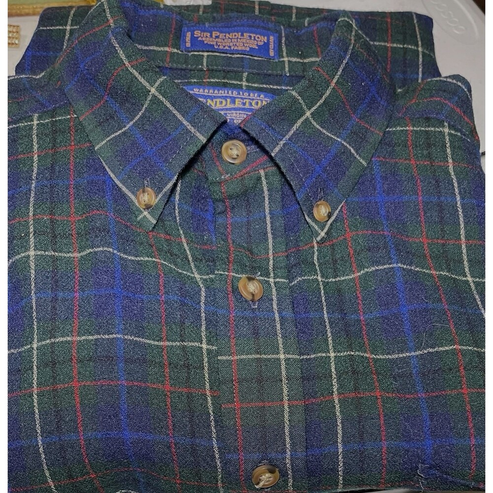 Sir Pendleton 100% Virgin Wool Shirt RN 29685 Button Down Green Plaid Men Medium